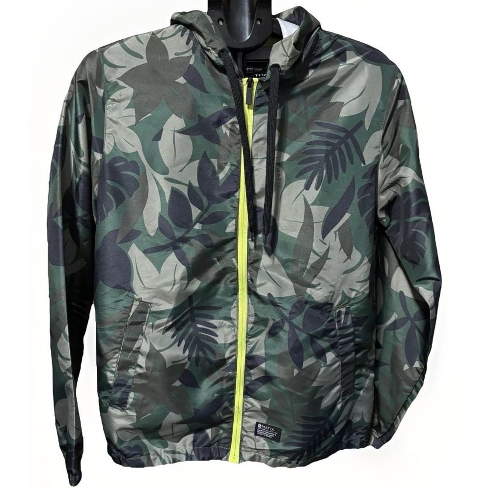 MATIX Mens S‎ Palm Green Camouflage Lightweight Full Zip Nylon Hooded Jacket